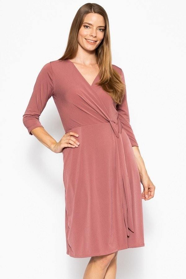 Cute Midi 3/4 Sleeve Dress With A Overlapping V-neck Line And A Belted Waist