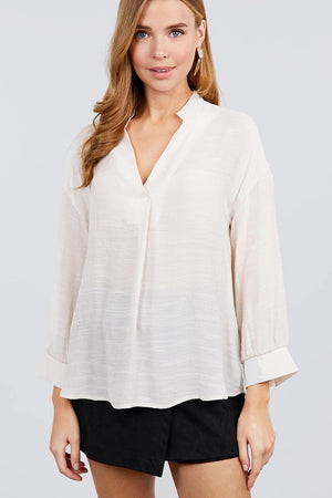 3/4 Cuff Sleeve V-neck W/collar Woven Top