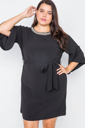 Plus Size Black Beaded Neckline Mini Dress