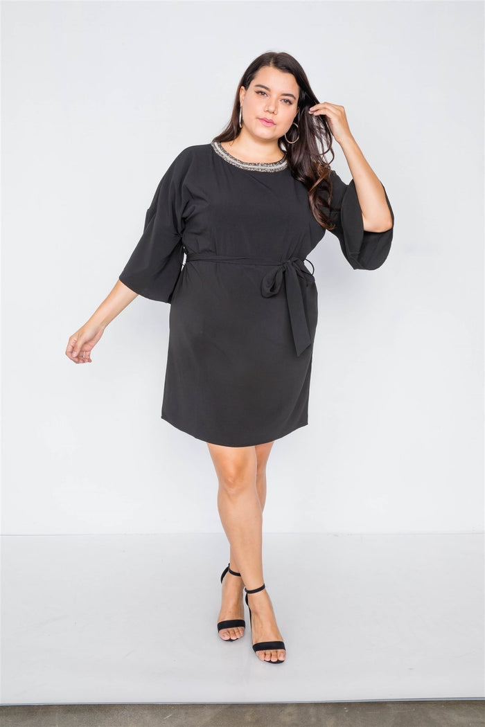 Plus Size Black Beaded Neckline Mini Dress