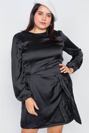 Plus Size Silk Mock Wrap Square Neck Mini Dress