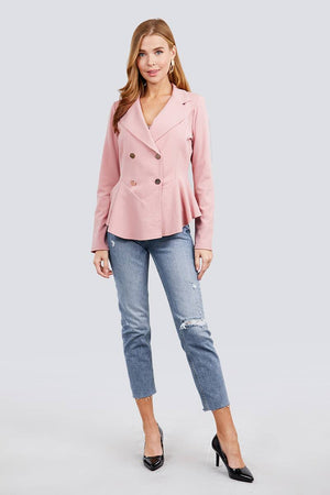 Long Sleeve Notched Lapel Collar Double Breasted Ruffle Hem Jacket