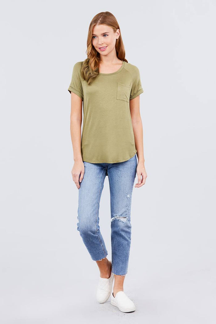 Short Raglan Sleeve Round Neck W/pocket Rayon Spandex Top