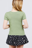 Short Sleeve W/lace Trim Detail Crew Neck Pointelle Knit Top