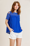 Sheer Floral Short Sleeve Lace Yoke Keyhole Top