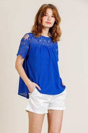 Sheer Floral Short Sleeve Lace Yoke Keyhole Top