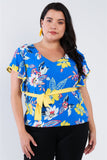 Plus Size Tropical Floral Print Mock Sleeve Chiffon Semi-sheer Top