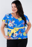 Plus Size Tropical Floral Print Mock Sleeve Chiffon Semi-sheer Top