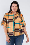 Plus Size Plaid Multi Stripe Cinched Sleeve Button Down Top