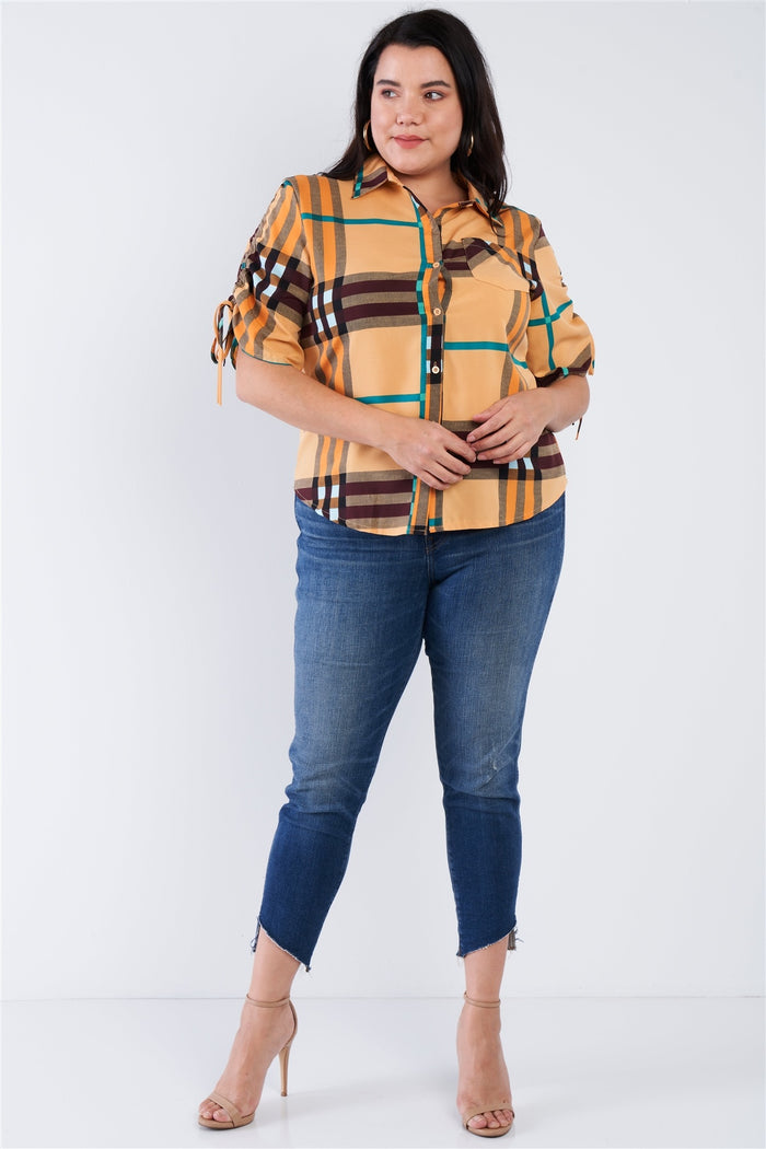 Plus Size Plaid Multi Stripe Cinched Sleeve Button Down Top