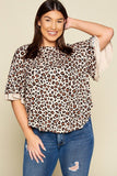 Plus Size Animal Print Swing Tunic Top With Contrast Color Block Bell Sleeves