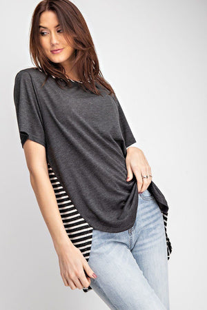 Short Sleeves Rayon Slub Mix And Match Striped Contrast Boxy Top