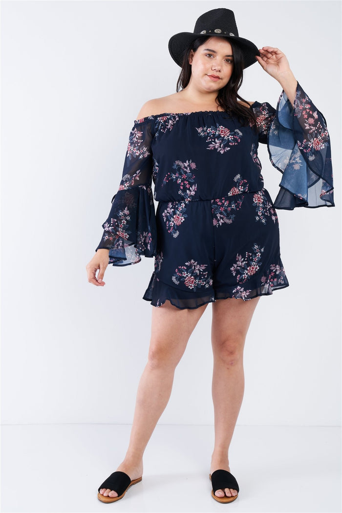 Plus Size Navy Floral Off The Shoulder Bell Sleeve Romper