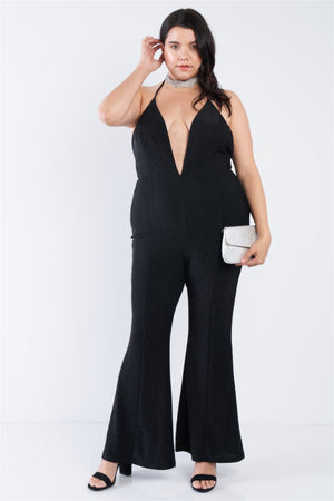 Plus Size Black Sequin Criss Cross Open Back Jumpsuit