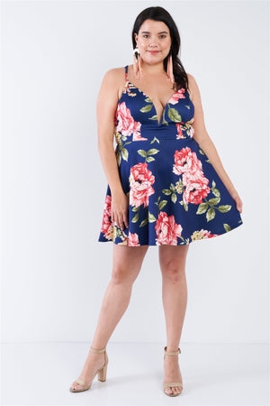 Plus Size Navy Floral Plunging V-neck Open Back Skater Mini Dress