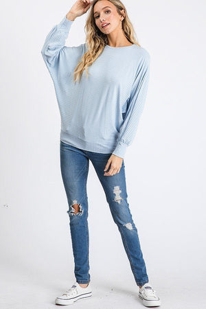 Dolman Long Sleeve Ribbed Top With Banded Hem