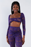 Sheer Floral Lace Crop Square Neck Top & High Waist Flare Pant Set