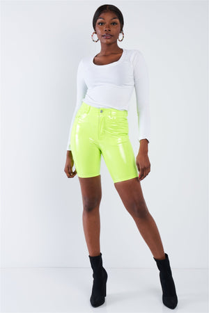 Neon Lime Green Faux Leather Biker Shorts