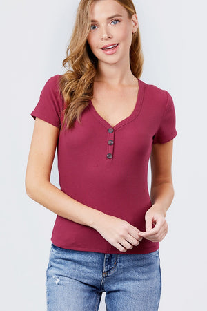 Short Sleeve V-neck W/button Detail Rib Knit Top