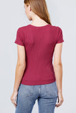 Short Sleeve V-neck W/button Detail Rib Knit Top