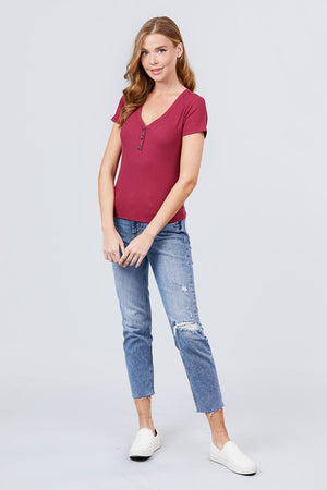 Short Sleeve V-neck W/button Detail Rib Knit Top