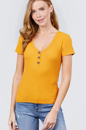 Short Sleeve V-neck W/button Detail Rib Knit Top