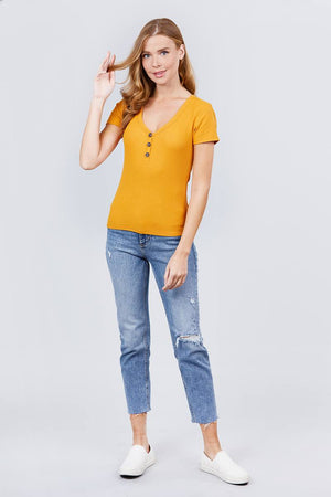 Short Sleeve V-neck W/button Detail Rib Knit Top