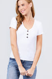 Short Sleeve V-neck W/button Detail Rib Knit Top