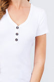 Short Sleeve V-neck W/button Detail Rib Knit Top