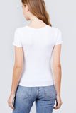 Short Sleeve V-neck W/button Detail Rib Knit Top