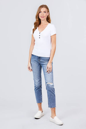 Short Sleeve V-neck W/button Detail Rib Knit Top