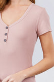 Short Sleeve V-neck W/button Detail Rib Knit Top