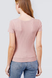 Short Sleeve V-neck W/button Detail Rib Knit Top