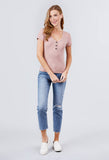 Short Sleeve V-neck W/button Detail Rib Knit Top