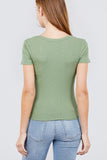 Short Sleeve V-neck W/button Detail Rib Knit Top