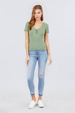 Short Sleeve V-neck W/button Detail Rib Knit Top