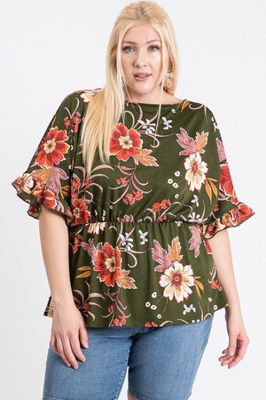 Strap Neckline W Elastic Waistband Floral Top