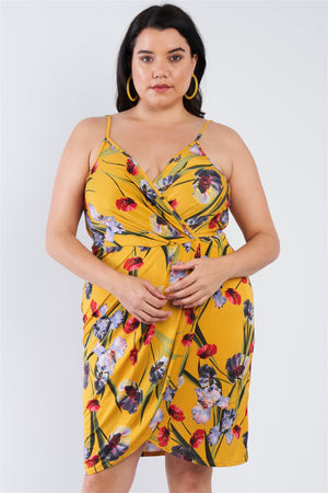 Plus Size Floral Surplice Tulip Mini Dress