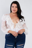 Plus Size Sheer V-neck Frill Silk Full Bottom Snap Bodysuit