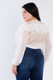 Plus Size Sheer V-neck Frill Silk Full Bottom Snap Bodysuit