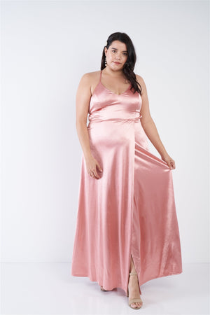 Plus Size Satin Open Criss Cross Back Maxi Dress