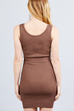 Sleeveless Double Scoop Neck W/belt Rib Sweater Mini Dress