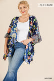 Floral Mixed Print Ruffle Bell Sleeve Open Front Kimono With Side Slits