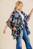 Floral Mixed Print Ruffle Bell Sleeve Open Front Kimono With Side Slits