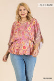 Floral Scarf Mixed Print Kimono Sleeve Round Neck Peplum Hem Top