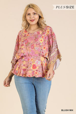 Floral Scarf Mixed Print Kimono Sleeve Round Neck Peplum Hem Top