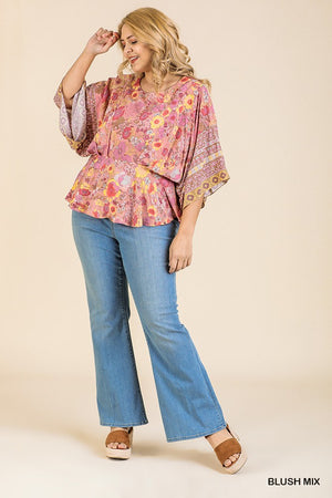 Floral Scarf Mixed Print Kimono Sleeve Round Neck Peplum Hem Top