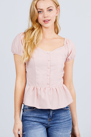 Short Sleeve Heart Neck W/button Back Smocking Detail Flare Hem Woven Top