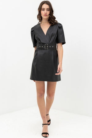 Pleather Dress With Belt Buckle Across Waist. Short Sleeve With V Neckline