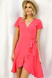 Solid Basic Ruffle Detailed Tulip Overlay Short Sleeve Surplice Dress With Ribbon Tie Waist Detail